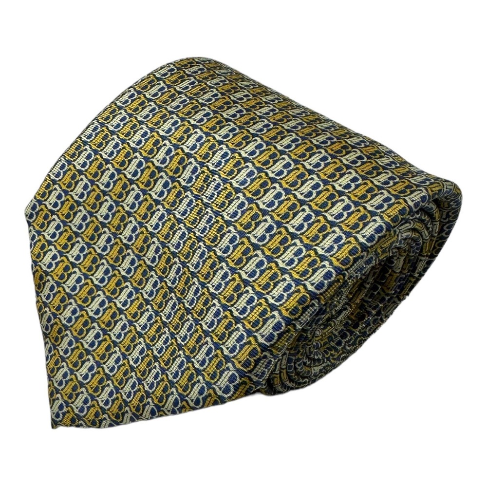 Boggi Milano Blue Yellow Monogram Pure Silk Mens Tie 3.5 Inch Made in Italy